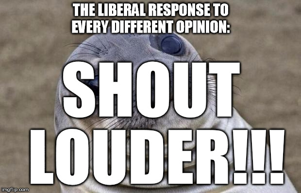 Awkward Moment Sealion Meme | THE LIBERAL RESPONSE TO EVERY DIFFERENT OPINION: SHOUT LOUDER!!! | image tagged in memes,awkward moment sealion | made w/ Imgflip meme maker