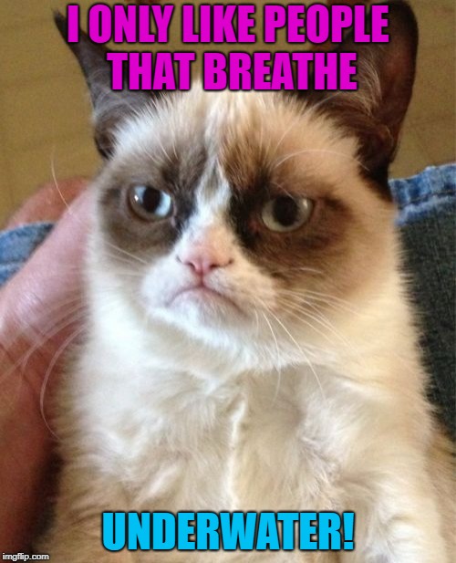 Grumpy Cat Meme | I ONLY LIKE PEOPLE THAT BREATHE UNDERWATER! | image tagged in memes,grumpy cat | made w/ Imgflip meme maker