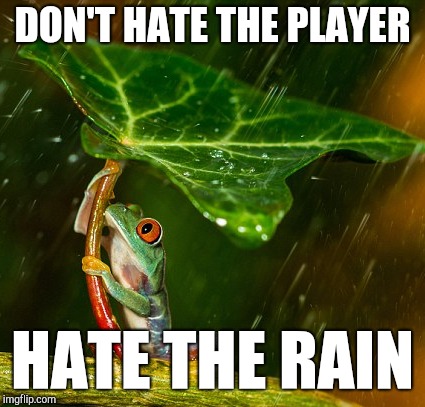 Make it rain! | DON'T HATE THE PLAYER; HATE THE RAIN | image tagged in meme war,kek,kekistan,make it rain,frog puns,funny memes | made w/ Imgflip meme maker