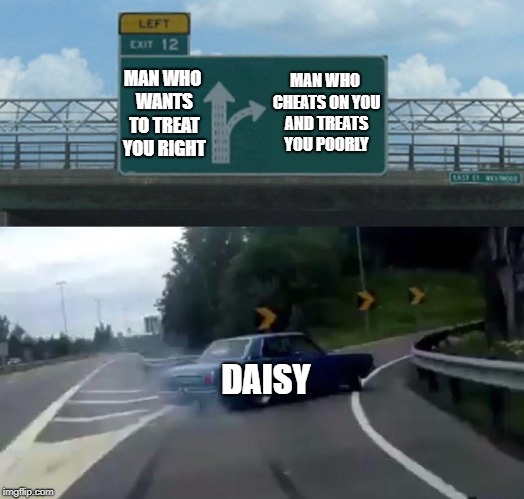 Left Exit 12 Off Ramp Meme | MAN WHO CHEATS ON YOU AND TREATS YOU POORLY; MAN WHO WANTS TO TREAT YOU RIGHT; DAISY | image tagged in memes,left exit 12 off ramp | made w/ Imgflip meme maker
