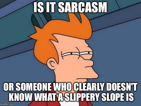 Futurama Fry Meme | IS IT SARCASM OR SOMEONE WHO CLEARLY DOESN'T KNOW WHAT A SLIPPERY SLOPE IS | image tagged in memes,futurama fry | made w/ Imgflip meme maker