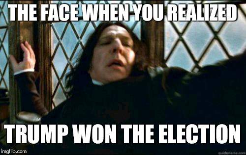 Snape | THE FACE WHEN YOU REALIZED; TRUMP WON THE ELECTION | image tagged in memes,snape | made w/ Imgflip meme maker