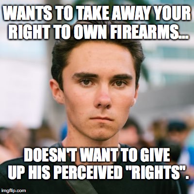 Please let the Democrats keep putting this idiot out there! | WANTS TO TAKE AWAY YOUR RIGHT TO OWN FIREARMS... DOESN'T WANT TO GIVE UP HIS PERCEIVED "RIGHTS". | image tagged in david hogg,idiot,2nd amendment,constitution,firearms | made w/ Imgflip meme maker