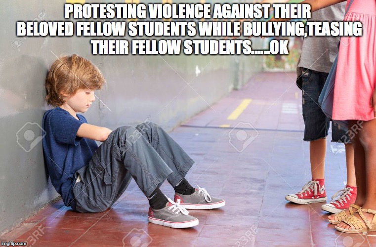 PROTESTING VIOLENCE AGAINST THEIR BELOVED FELLOW STUDENTS WHILE BULLYING,TEASING THEIR FELLOW STUDENTS......OK | image tagged in bullying,kids,protest,school,gun violence | made w/ Imgflip meme maker