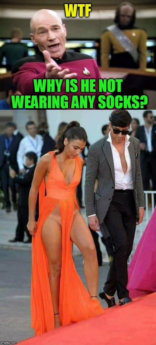 It is the total degradation of humanity and decency, in the name of fashion... button up that shirt dude! | WTF; WHY IS HE NOT WEARING ANY SOCKS? | image tagged in memes,picard wtf,wtf,fashion,who wears this in real life,facepalm | made w/ Imgflip meme maker