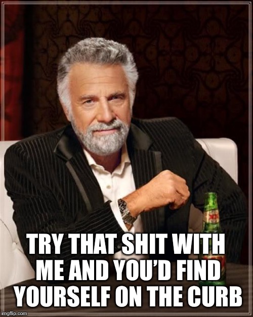 The Most Interesting Man In The World Meme | TRY THAT SHIT WITH ME AND YOU’D FIND YOURSELF ON THE CURB | image tagged in memes,the most interesting man in the world | made w/ Imgflip meme maker