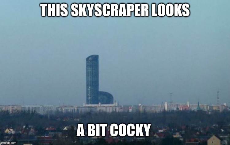 Standing there acting like he owns the place | THIS SKYSCRAPER LOOKS; A BIT COCKY | image tagged in architecture,memes | made w/ Imgflip meme maker
