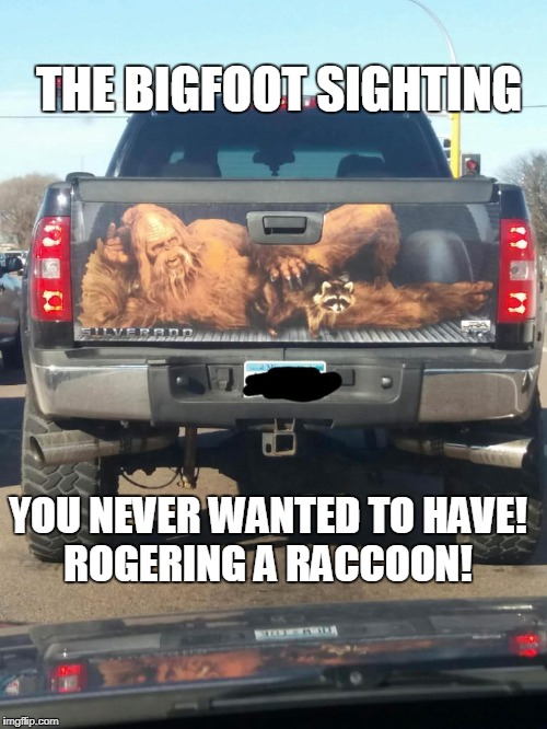 Bigfoot sighting | THE BIGFOOT SIGHTING; YOU NEVER WANTED TO HAVE! ROGERING A RACCOON! | image tagged in bigfoot,sasquatch,funny,trucks | made w/ Imgflip meme maker