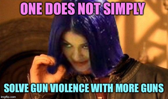 Kylie Does Not Simply | ONE DOES NOT SIMPLY SOLVE GUN VIOLENCE WITH MORE GUNS | image tagged in kylie does not simply | made w/ Imgflip meme maker