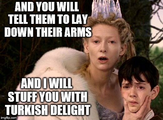 AND YOU WILL TELL THEM TO LAY DOWN THEIR ARMS; AND I WILL STUFF YOU WITH TURKISH DELIGHT | image tagged in gun control | made w/ Imgflip meme maker