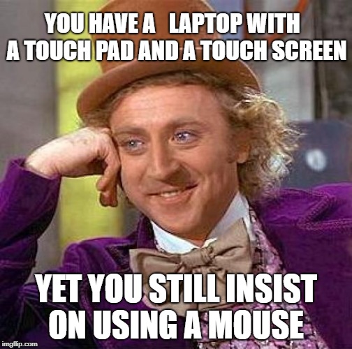Creepy Condescending Wonka Meme |  YOU HAVE A   LAPTOP WITH  A TOUCH PAD AND A TOUCH SCREEN; YET YOU STILL INSIST ON USING A MOUSE | image tagged in memes,creepy condescending wonka | made w/ Imgflip meme maker