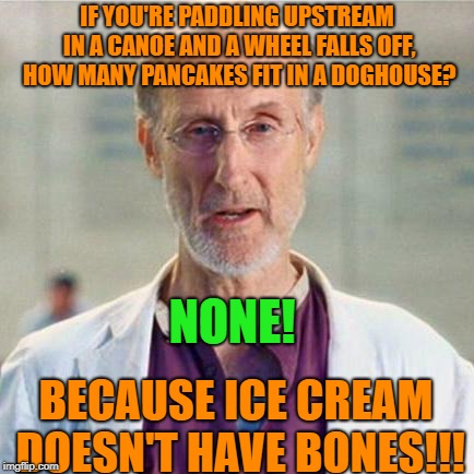 This will make your day, or at least distract you from normalcy | IF YOU'RE PADDLING UPSTREAM IN A CANOE AND A WHEEL FALLS OFF, HOW MANY PANCAKES FIT IN A DOGHOUSE? NONE! BECAUSE ICE CREAM DOESN'T HAVE BONES!!! | image tagged in i robot movie the right question | made w/ Imgflip meme maker