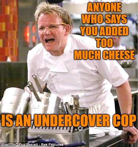 Cheesy | ANYONE WHO SAYS YOU ADDED TOO MUCH CHEESE; IS AN UNDERCOVER COP | image tagged in memes,chef gordon ramsay | made w/ Imgflip meme maker