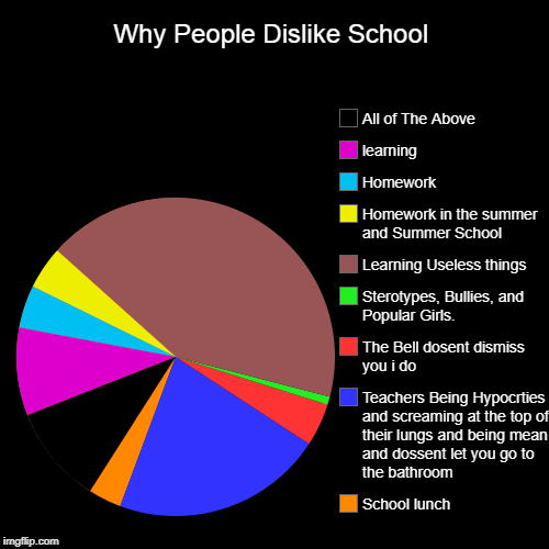 The Most Truest Pie Chart   Well not the most and  Not Truest | Why People Dislike School | School lunch, Teachers Being Hypocrties and screaming at the top of their lungs and being mean and dossent let y | image tagged in funny,pie charts | made w/ Imgflip chart maker
