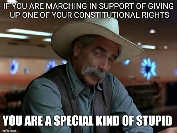 special kind of stupid | IF YOU ARE MARCHING IN SUPPORT OF GIVING UP ONE OF YOUR CONSTITUTIONAL RIGHTS; YOU ARE A SPECIAL KIND OF STUPID | image tagged in special kind of stupid | made w/ Imgflip meme maker