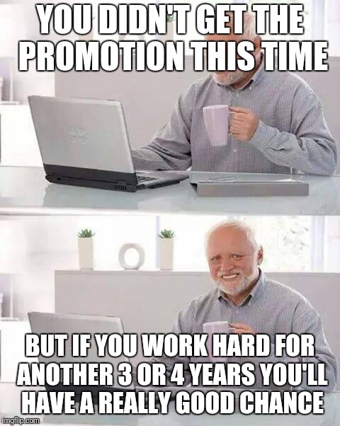 Hide the Pain Harold Meme | YOU DIDN'T GET THE PROMOTION THIS TIME; BUT IF YOU WORK HARD FOR ANOTHER 3 OR 4 YEARS YOU'LL HAVE A REALLY GOOD CHANCE | image tagged in memes,hide the pain harold | made w/ Imgflip meme maker