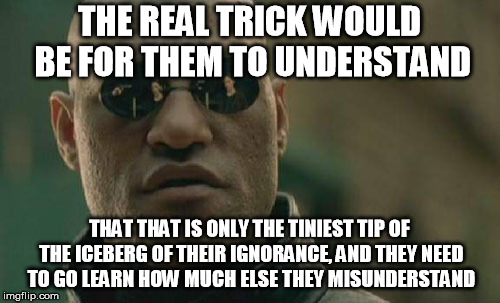 Matrix Morpheus Meme | THE REAL TRICK WOULD BE FOR THEM TO UNDERSTAND THAT THAT IS ONLY THE TINIEST TIP OF THE ICEBERG OF THEIR IGNORANCE, AND THEY NEED TO GO LEAR | image tagged in memes,matrix morpheus | made w/ Imgflip meme maker