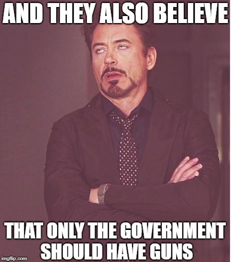 Face You Make Robert Downey Jr Meme | AND THEY ALSO BELIEVE THAT ONLY THE GOVERNMENT SHOULD HAVE GUNS | image tagged in memes,face you make robert downey jr | made w/ Imgflip meme maker
