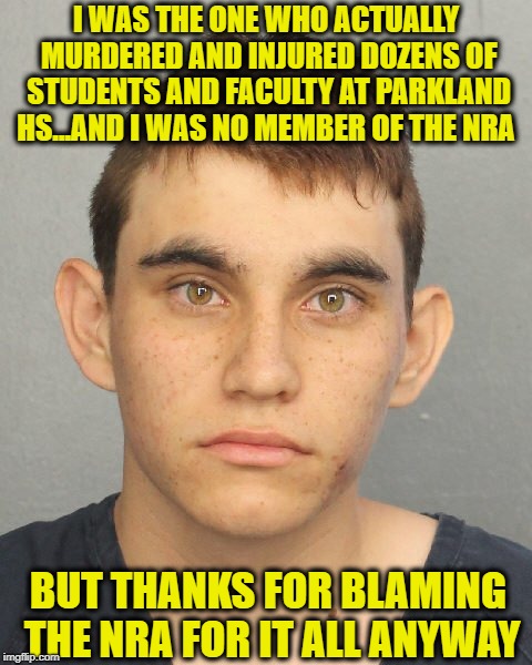 Whatever happened to this guy? | I WAS THE ONE WHO ACTUALLY MURDERED AND INJURED DOZENS OF STUDENTS AND FACULTY AT PARKLAND HS...AND I WAS NO MEMBER OF THE NRA; BUT THANKS FOR BLAMING THE NRA FOR IT ALL ANYWAY | image tagged in nra,parkland,liberal logic,retarded liberal protesters,david hogg,memes | made w/ Imgflip meme maker