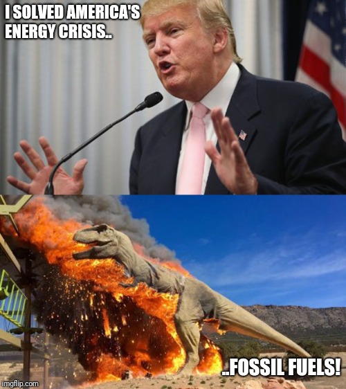 I SOLVED AMERICA'S ENERGY CRISIS.. ..FOSSIL FUELS! | image tagged in memes,trump,fossil fuel,burn,t-rex,funny memes | made w/ Imgflip meme maker
