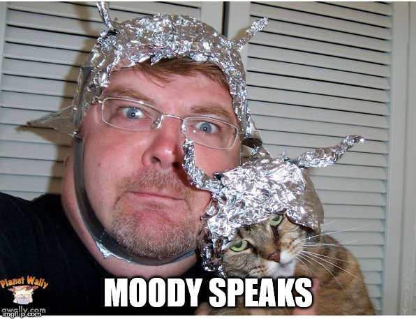tin foil hat conspiracy theory | MOODY SPEAKS | image tagged in tin foil hat conspiracy theory | made w/ Imgflip meme maker