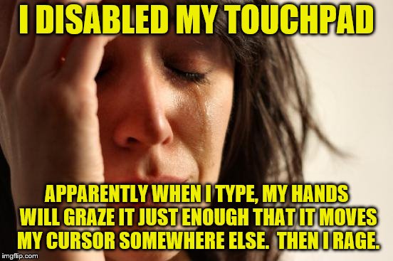 First World Problems Meme | I DISABLED MY TOUCHPAD APPARENTLY WHEN I TYPE, MY HANDS WILL GRAZE IT JUST ENOUGH THAT IT MOVES MY CURSOR SOMEWHERE ELSE.  THEN I RAGE. | image tagged in memes,first world problems | made w/ Imgflip meme maker