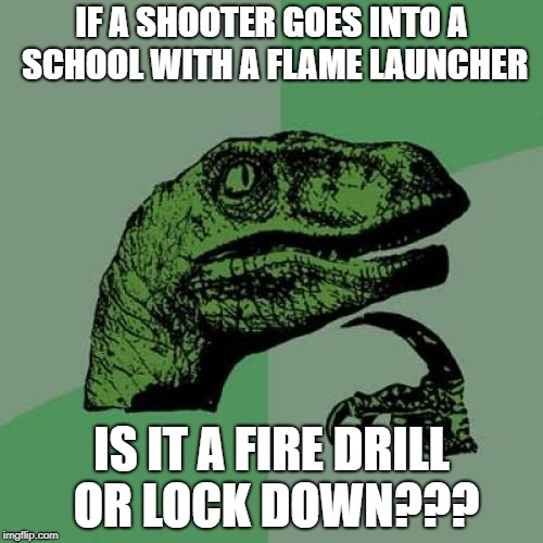 Philosoraptor Meme | IF A SHOOTER GOES INTO A SCHOOL WITH A FLAME LAUNCHER; IS IT A FIRE DRILL OR LOCK DOWN??? | image tagged in memes,philosoraptor | made w/ Imgflip meme maker