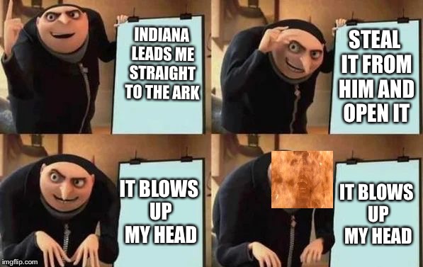Gru's Plan Meme | INDIANA LEADS ME STRAIGHT TO THE ARK; STEAL IT FROM HIM AND OPEN IT; IT BLOWS UP MY HEAD; IT BLOWS UP MY HEAD | image tagged in gru's plan | made w/ Imgflip meme maker