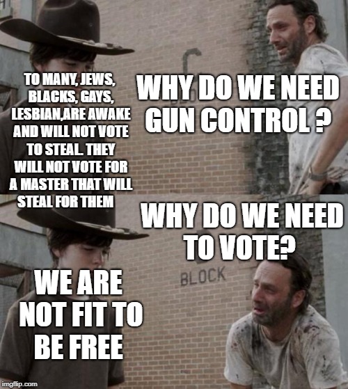 Rick and Carl Meme | TO MANY, JEWS, BLACKS, GAYS, LESBIAN,ARE AWAKE AND WILL NOT VOTE TO STEAL. THEY WILL NOT VOTE FOR A MASTER THAT WILL STEAL FOR THEM; WHY DO WE NEED GUN CONTROL ? WHY DO WE NEED TO VOTE? WE ARE NOT FIT TO BE FREE | image tagged in memes,rick and carl | made w/ Imgflip meme maker