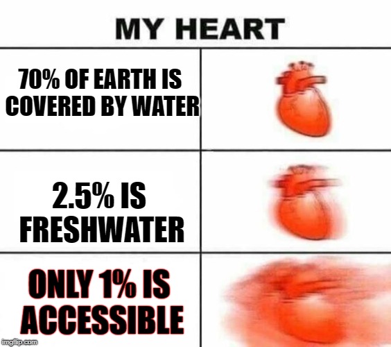 My heart blank | 70% OF EARTH IS COVERED BY WATER; 2.5% IS FRESHWATER; ONLY 1% IS ACCESSIBLE | image tagged in my heart blank | made w/ Imgflip meme maker