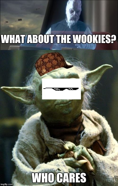 Deal with it | WHAT ABOUT THE WOOKIES? WHO CARES | image tagged in i am the one | made w/ Imgflip meme maker