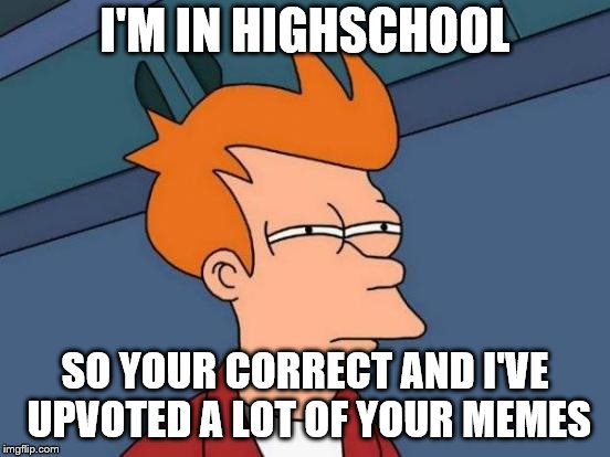 Futurama Fry Meme | I'M IN HIGHSCHOOL SO YOUR CORRECT AND I'VE UPVOTED A LOT OF YOUR MEMES | image tagged in memes,futurama fry | made w/ Imgflip meme maker