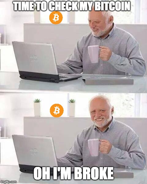 Hate the Bitcoin Harold | TIME TO CHECK MY BITCOIN; OH I'M BROKE | image tagged in memes,hide the pain harold | made w/ Imgflip meme maker