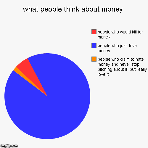 what people think about money | people who claim to hate money and never stop b**ching about it  but really love it, people who just  love m | image tagged in funny,pie charts | made w/ Imgflip chart maker