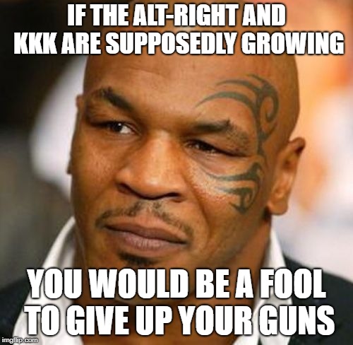 Disappointed Tyson | IF THE ALT-RIGHT AND KKK ARE SUPPOSEDLY GROWING; YOU WOULD BE A FOOL TO GIVE UP YOUR GUNS | image tagged in memes,disappointed tyson | made w/ Imgflip meme maker