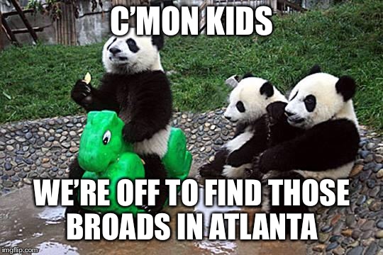Pandering Panda | C’MON KIDS; WE’RE OFF TO FIND THOSE BROADS IN ATLANTA | image tagged in pandering panda | made w/ Imgflip meme maker