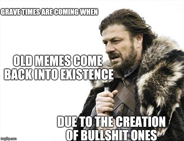 Brace Yourselves X is Coming | GRAVE TIMES ARE COMING WHEN; OLD MEMES COME BACK INTO EXISTENCE; DUE TO THE CREATION OF BULLSHIT ONES | image tagged in memes,brace yourselves x is coming | made w/ Imgflip meme maker