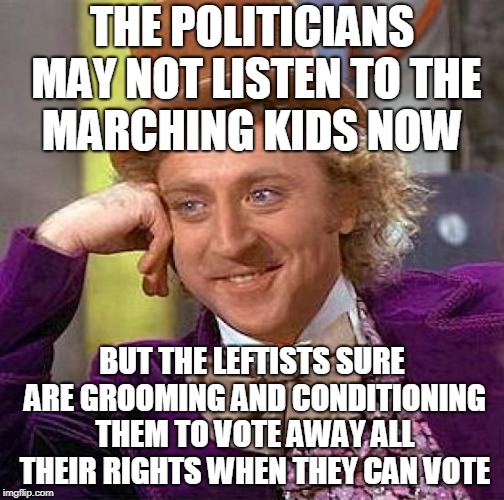 Creepy Condescending Wonka Meme | THE POLITICIANS MAY NOT LISTEN TO THE MARCHING KIDS NOW BUT THE LEFTISTS SURE ARE GROOMING AND CONDITIONING THEM TO VOTE AWAY ALL THEIR RIGH | image tagged in memes,creepy condescending wonka | made w/ Imgflip meme maker