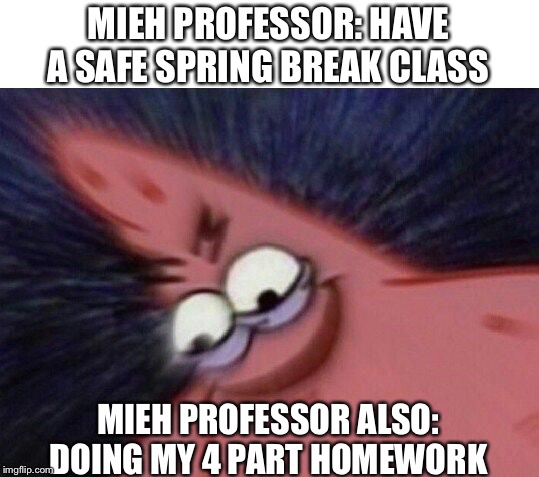 Savage Patrick Blur | MIEH PROFESSOR: HAVE A SAFE SPRING BREAK CLASS; MIEH PROFESSOR ALSO: DOING MY 4 PART HOMEWORK | image tagged in savage patrick blur | made w/ Imgflip meme maker