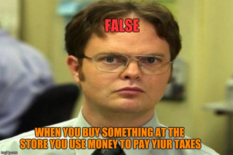 WHEN YOU BUY SOMETHING AT THE STORE YOU USE MONEY TO PAY YIUR TAXES FALSE | made w/ Imgflip meme maker