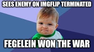 The_Milsons just lost to a german meme makin machine | SEES ENEMY ON IMGFLIP TERMINATED; FEGELEIN WON THE WAR | image tagged in victory baby,war,victory,memes | made w/ Imgflip meme maker