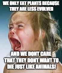 Crying Baby | WE ONLY EAT PLANTS BECAUSE THEY ARE LESS EVOLVED; AND WE DONT CARE THAT THEY DONT WANT TO DIE JUST LIKE ANIMALS! | image tagged in crying baby | made w/ Imgflip meme maker