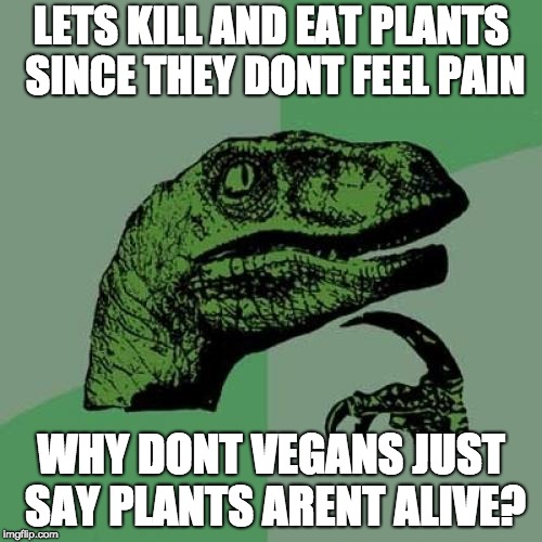 Philosoraptor Meme | LETS KILL AND EAT PLANTS SINCE THEY DONT FEEL PAIN; WHY DONT VEGANS JUST SAY PLANTS ARENT ALIVE? | image tagged in memes,philosoraptor | made w/ Imgflip meme maker