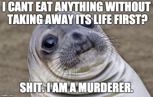 Awkward Moment Sealion Meme | I CANT EAT ANYTHING WITHOUT TAKING AWAY ITS LIFE FIRST? SHIT. I AM A MURDERER. | image tagged in memes,awkward moment sealion | made w/ Imgflip meme maker