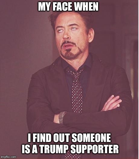 Really... Him? | MY FACE WHEN; I FIND OUT SOMEONE IS A TRUMP SUPPORTER | image tagged in memes,face you make robert downey jr,trump,trump supporter,ignorance is bliss,how very caucasian of you | made w/ Imgflip meme maker