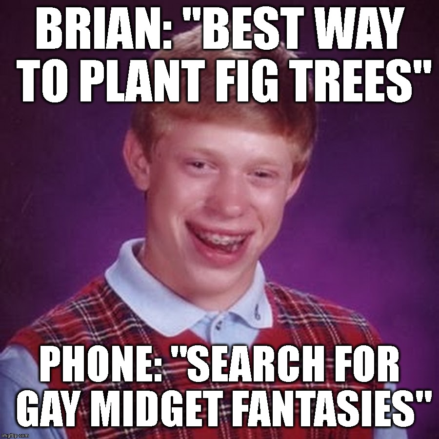 Trolled By Technology | BRIAN: "BEST WAY TO PLANT FIG TREES"; PHONE: "SEARCH FOR GAY MIDGET FANTASIES" | image tagged in bad luck brian,midgets,midget,gay,ha gay,fantasy | made w/ Imgflip meme maker