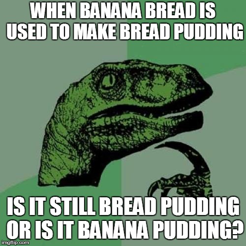 Philosoraptor Meme | WHEN BANANA BREAD IS USED TO MAKE BREAD PUDDING; IS IT STILL BREAD PUDDING OR IS IT BANANA PUDDING? | image tagged in memes,philosoraptor | made w/ Imgflip meme maker