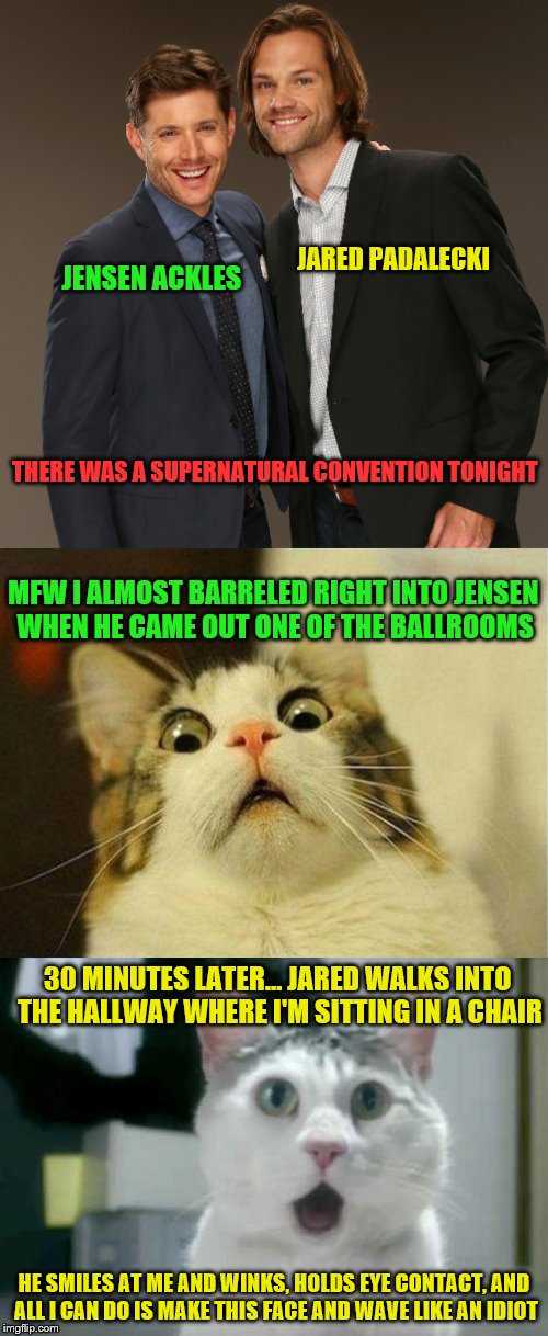 I swear I don't usually behave like this. | JARED PADALECKI; JENSEN ACKLES; THERE WAS A SUPERNATURAL CONVENTION TONIGHT; MFW I ALMOST BARRELED RIGHT INTO JENSEN WHEN HE CAME OUT ONE OF THE BALLROOMS; 30 MINUTES LATER... JARED WALKS INTO THE HALLWAY WHERE I'M SITTING IN A CHAIR; HE SMILES AT ME AND WINKS, HOLDS EYE CONTACT, AND ALL I CAN DO IS MAKE THIS FACE AND WAVE LIKE AN IDIOT | image tagged in memes,supernatural,jensen ackles,jared padalecki,fangirling | made w/ Imgflip meme maker