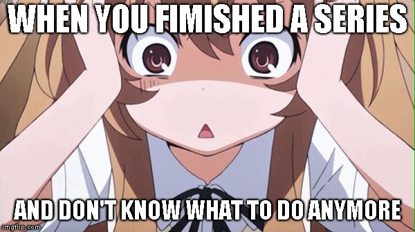 anime realization | WHEN YOU FIMISHED A SERIES; AND DON'T KNOW WHAT TO DO ANYMORE | image tagged in anime realization | made w/ Imgflip meme maker