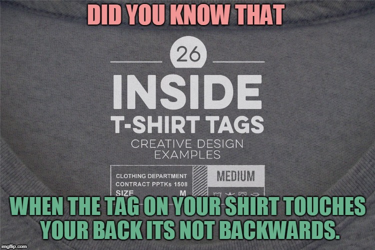 dumb meme | DID YOU KNOW THAT; WHEN THE TAG ON YOUR SHIRT TOUCHES YOUR BACK ITS NOT BACKWARDS. | image tagged in memes | made w/ Imgflip meme maker